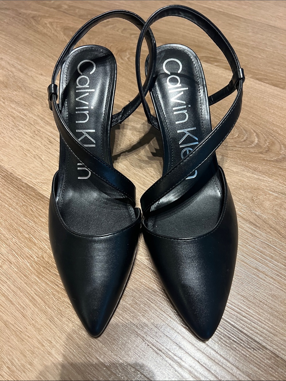 Calvin Klein Black Pointed Toe Slingback Heels with Crisscross Straps 9